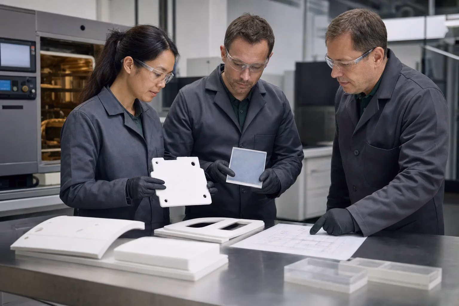 Aerogel product development team reviewing custom component samples