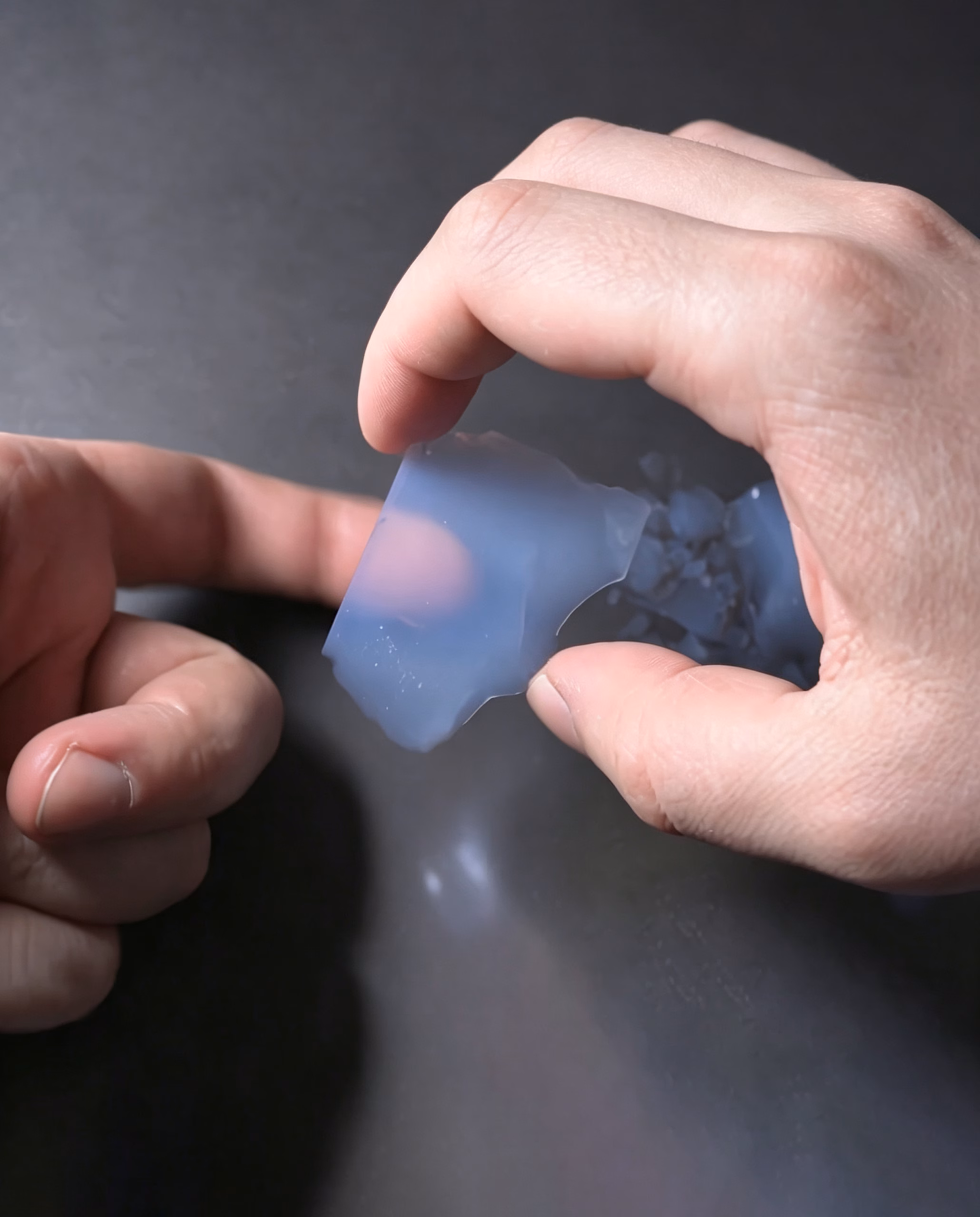 Hands holding a translucent aerogel material sample